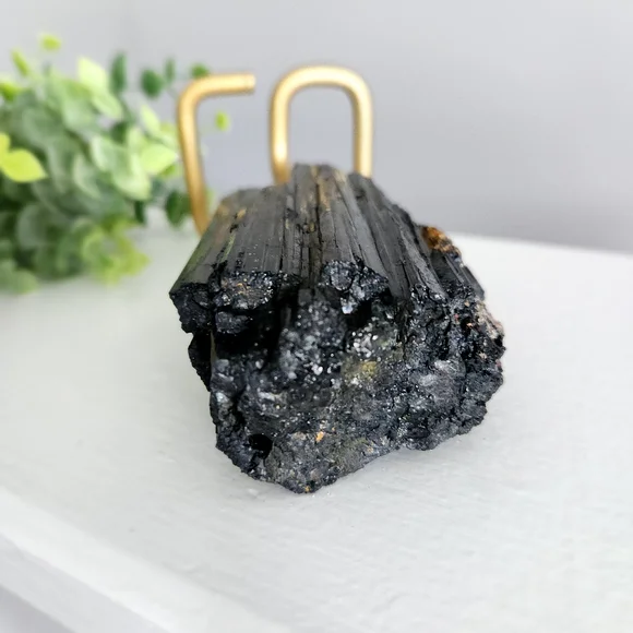 Raw black tourmaline chunk on gold stand - crystal - Picture 8 of 10